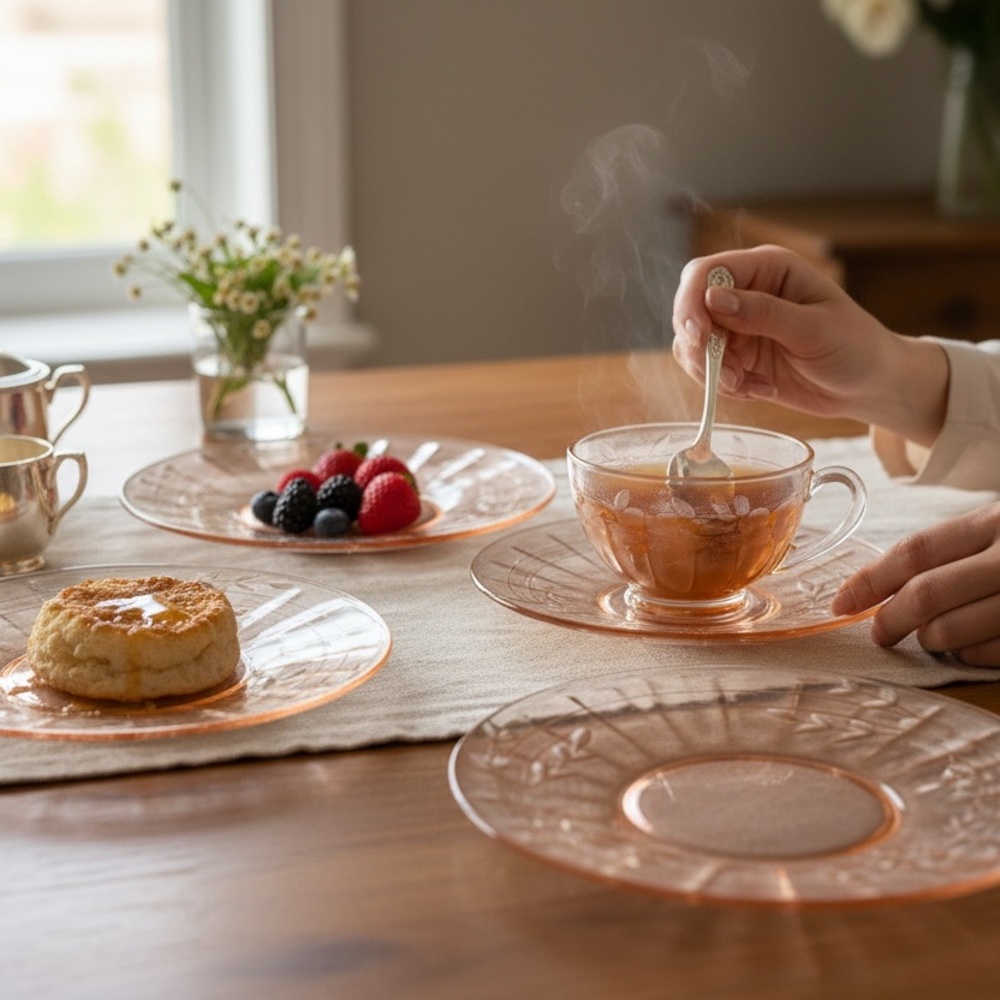 Set of 5 Vintage 1930’s Pink Depression Glass Plates - Federal Patrician Floral